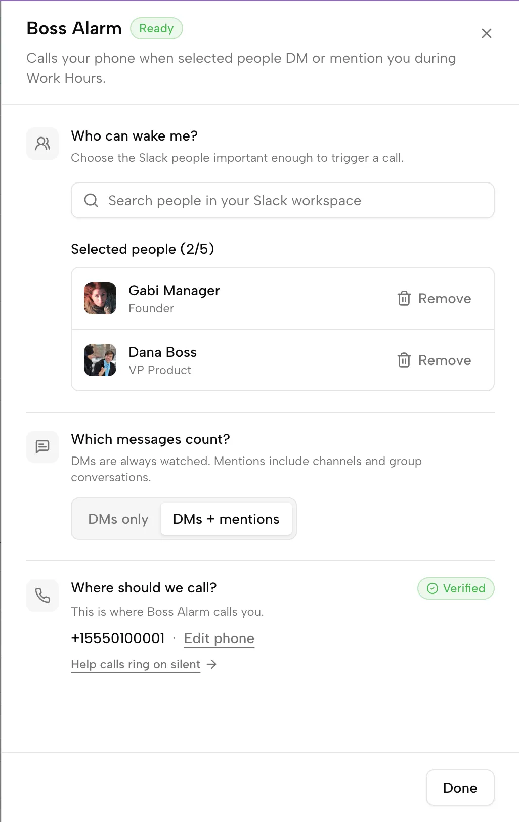 Boss Alarm settings showing selected people who can trigger calls.